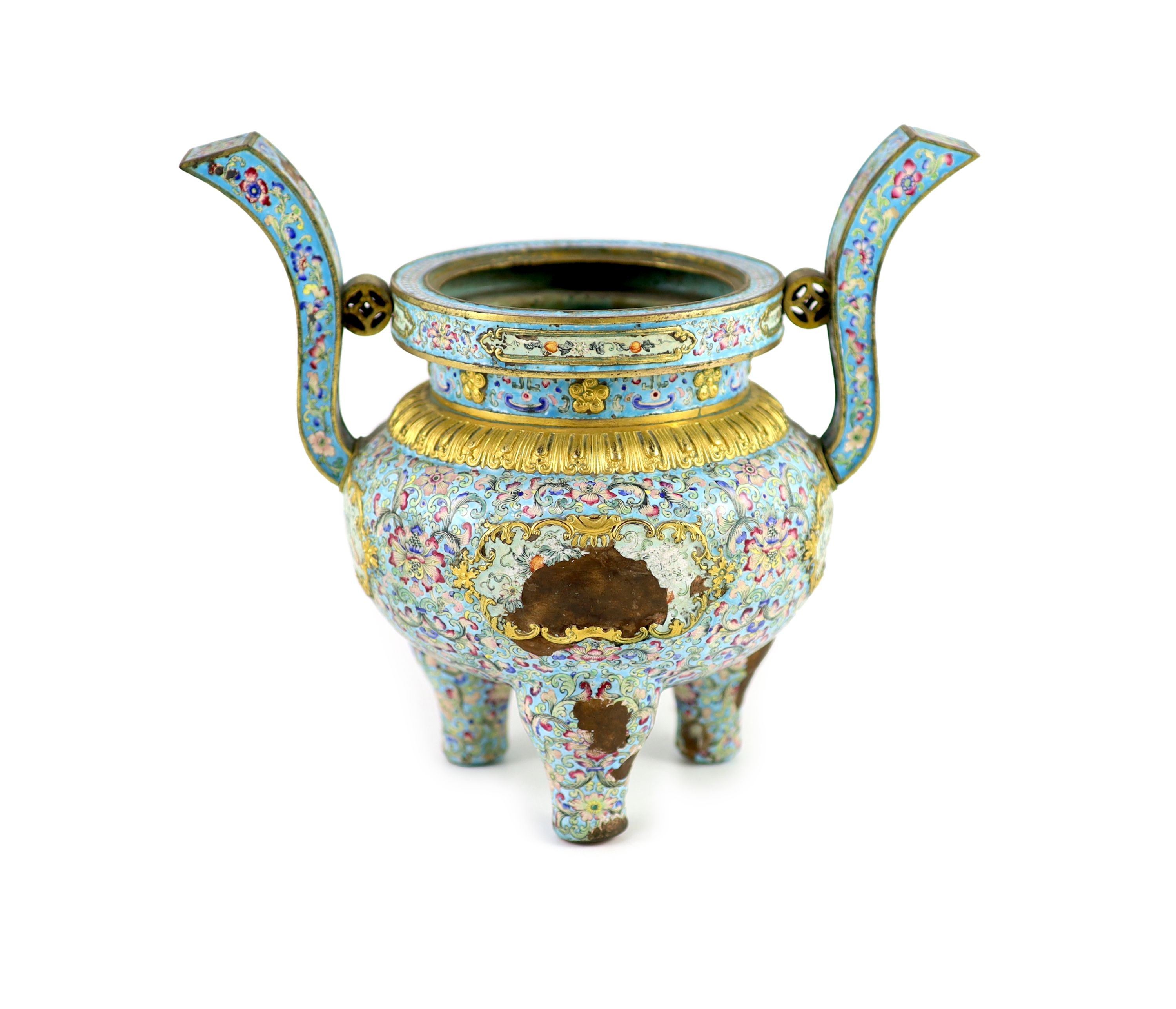 A Chinese Canton enamel tripod censer, Qianlong mark and period (1736-95), 22.5 cm high, 26 cm wide, losses to enamels